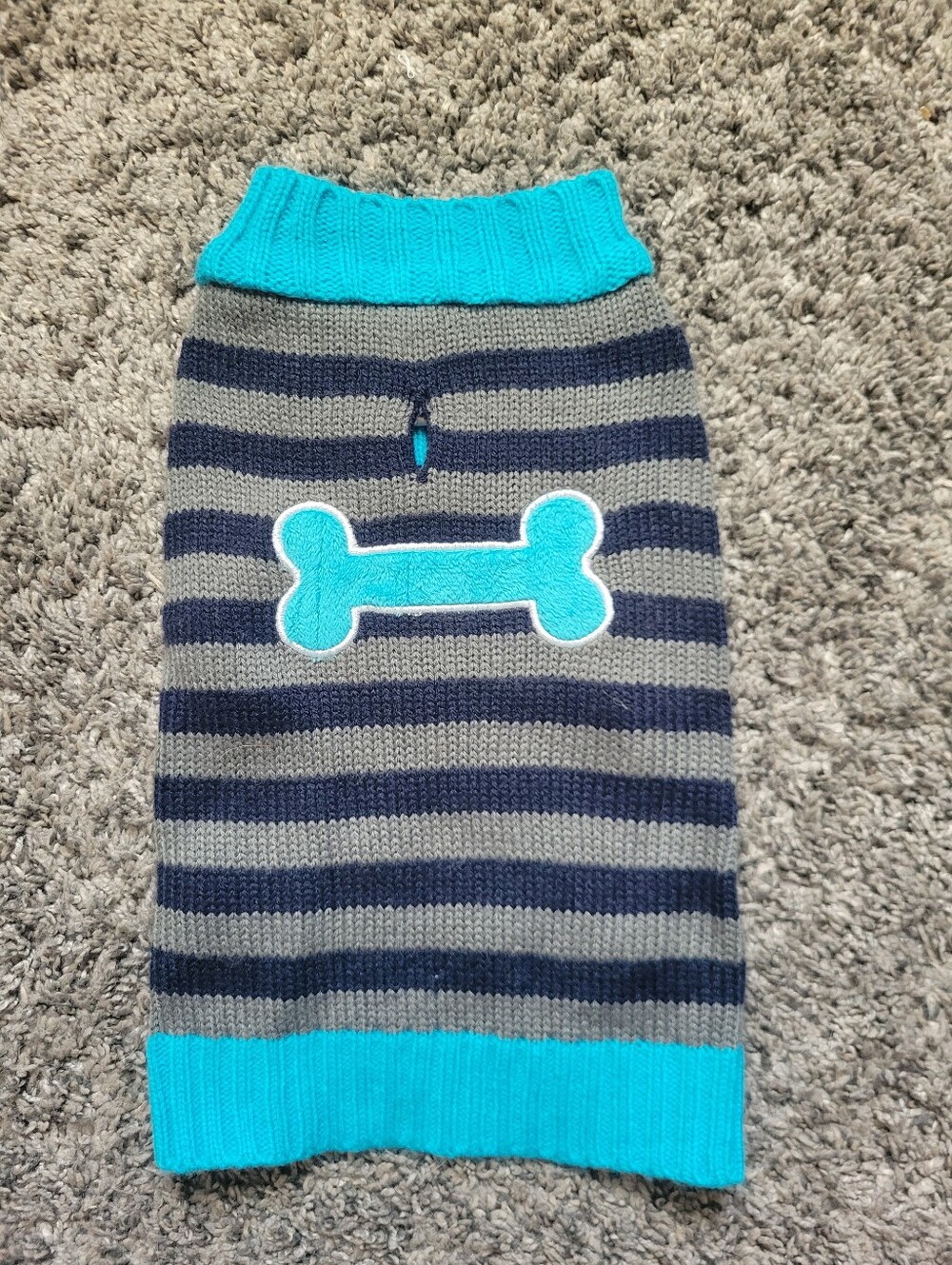 Dog Striped Gray & Navy Sweater with Teal Bone Accent Size Small *NWOT*